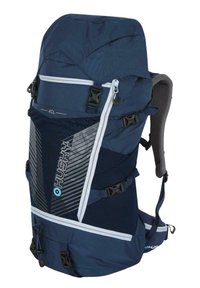 Námorně modrý batoh s kapacitou 40L, vybavený zipy, bočními popruhy a texturovaným vzorem. Šedé akcenty a polstrované ramenní popruhy.