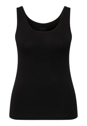 Schwarzes ärmelloses Damen-Top mit Rundhalsausschnitt, tailliertem Schnitt und glatter Stoffstruktur.