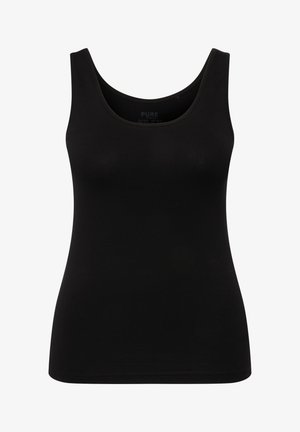 Schwarzes ärmelloses Damen-Top mit Rundhalsausschnitt, tailliertem Schnitt und glatter Stoffstruktur.