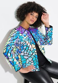 Iridescent mosaik-mønstrede jakke i blå og lilla nuancer med sorte accenter, der har rund halsudskæring og struktureret pasform.