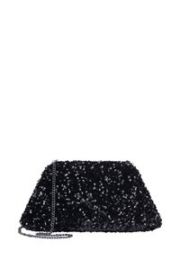 Fekete flitterezett kistáska háromszög alakú, fém lánc pánttal, texturált felülettel és fényes díszítésekkel. Zárt kialakítás.