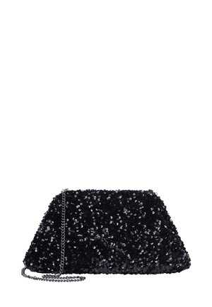 Juodas blizgučių sankabos krepšys trikampio formos, su metaline grandinėlė, tekstūruota paviršiumi ir blizgančiais dekoracijomis. Uždaro tipo.