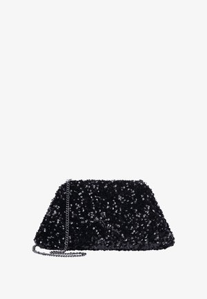 Mustmustest kott mustade sädelevate tehetega, kolmnurkses kujus, metallist keti rihmaga, tekstuurse pinnaga ning läikivate kaunistustega. Suletud disain.