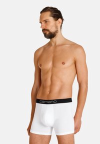 Weiße Baumwoll-Boxershorts mit einem schwarzen elastischen Bund, der das "camano"-Logo trägt. Fitted-Design mit glatter Textur und ohne Muster.