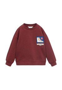 Felpa bordeaux con colletto tondo, maniche lunghe e polsini elasticizzati. Presenta una toppa blu con forme astratte e la parola "WEEKEND."