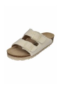 White shearling slide sandal with two adjustable straps, cork sole, and textured rubber outsole. Soft surface and casual design.