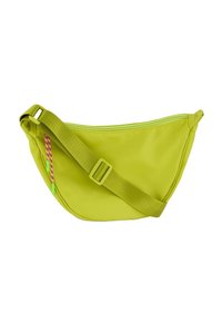 Borsa a tracolla verde in nylon con design curvo, tracolla regolabile e chiusura a zip. Presenta accenti neon a contrasto per un tocco di dettaglio.