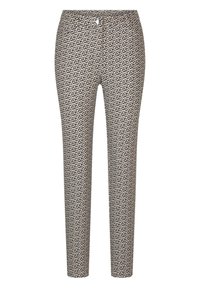 Smalle broeken in een crème en zwart geometrisch patroon, met een knoopsluiting en vijf zakken voor functionaliteit.
