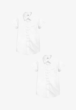 White short-sleeve button-up shirt with a collar and a chest pocket; smooth fabric and curved hem; straightforward design without patterns.