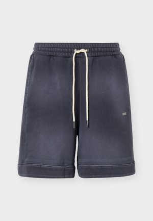 Pantalones cortos casuales en gris oscuro con cintura elástica, cordón blanco, bolsillos laterales y una pequeña etiqueta metálica con logo en la pierna derecha.