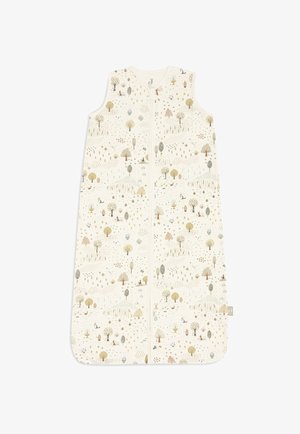 Gigoteuse sans manches pour bébé avec fermeture éclair à l'avant, présentant un fond crème clair et un délicat motif forestier comprenant des arbres, des animaux et des plantes.