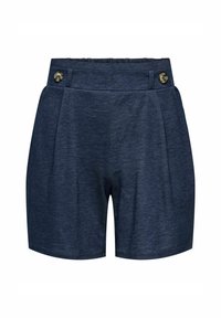 Shorts bleu marine avec un design plissé, présentant une texture lisse, une taille élastique et deux boutons en bronze à l'avant.