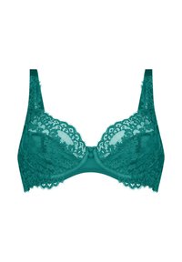 Teal spetsbh med byglar, med blommönster, mjuka justerbara axelband och en dekorativ rosett fram.