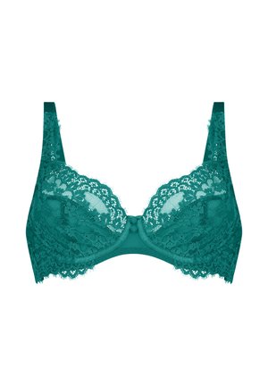 Soutien-gorge en dentelle turquoise avec armatures, présentant un motif floral, des bretelles souples et ajustables, et un nœud décoratif au centre avant.