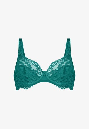 Soutien-gorge en dentelle turquoise avec armatures, présentant un motif floral, des bretelles souples et ajustables, et un nœud décoratif au centre avant.