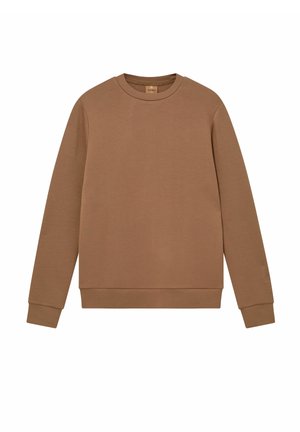 Smeđi dukserica od mekog materijala, s okruglim izrezom, dugim rukavima i rebrastim rubovima i manžetama. Minimalistički dizajn, bez uzoraka.