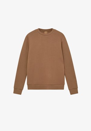 Smeđi dukserica od mekog materijala, s okruglim izrezom, dugim rukavima i rebrastim rubovima i manžetama. Minimalistički dizajn, bez uzoraka.