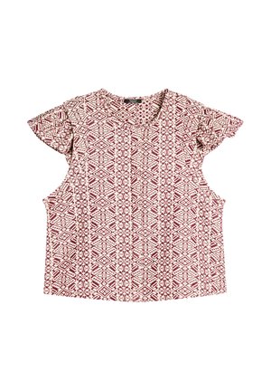 Bluzka z krótkim rękawem w kolorze kremowym z bordowym geometrycznym wzorem. Posiada lekko A-liniowy krój i okrągły dekolt. Miękka faktura materiału.