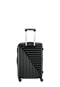 Valigia rigida nera con linee diagonali in rilievo, manico estensibile e quattro ruote per un facile trasporto. Presenta cerniere robuste.