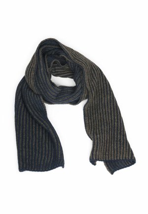 Gestrickter Schal mit vertikalen Streifen in Dunkelblau und Braun. Weiche Textur mit einem gerippten Design, das Wärme und Komfort bietet.