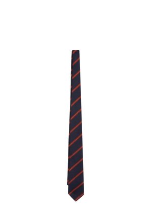 Corbata estrecha de color azul oscuro con rayas diagonales rojas distribuidas uniformemente a lo largo de toda su longitud.