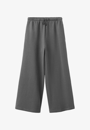 Tamno sive široke hlače od flisa širokih nogavica s elastičnim pojasom i pertlama, prikazane ravno na bijeloj pozadini.