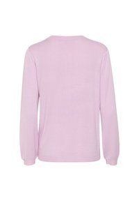 Long-sleeve, light purple sweater with a round neckline. Made from soft fabric with a smooth texture, featuring slightly puffed sleeves.