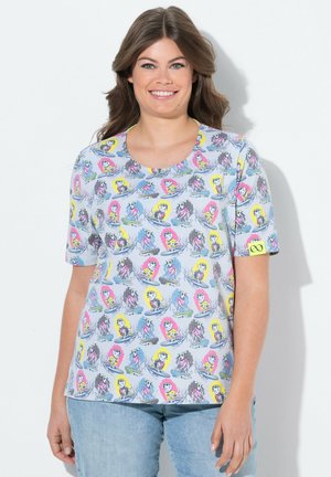 Korte mouwen T-shirt van lichtblauwe stof met een repetitief cartoon surfmotief met kleurrijke karakter en honden, ronde halsontwerp.