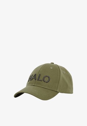 Olivengrøn baseballkasket med sort broderet "HALO" tekst på forsiden, med syninger og ventilationshuller.