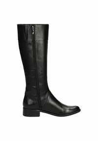 Črne usnjene škornje do kolen s ravnim dizajnom, stranskim zadrgo, nizko blok peto in gladko teksturo.