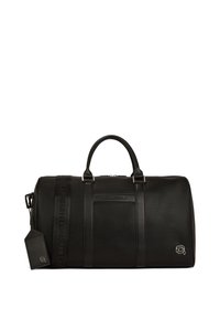 Sac de voyage en cuir noir texturé avec des poignées doubles et une sangle amovible. Présente une étiquette logo et un marquage en relief sur le devant.
