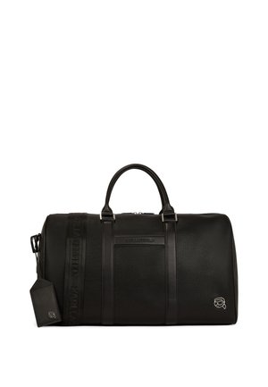 Schwarze, strukturierten Leder-Duffle-Tasche mit zwei Griffen und einem abnehmbaren Schultergurt. Verfügt über ein Logo-Tag und eine geprägte Markenkennzeichnung auf der Vorderseite.