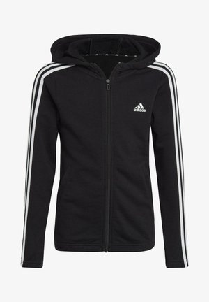 Sudadera con cremallera negra hecha de tela suave, que cuenta con una capucha, diseño de tres rayas blancas en las mangas y un logotipo bordado en el pecho.