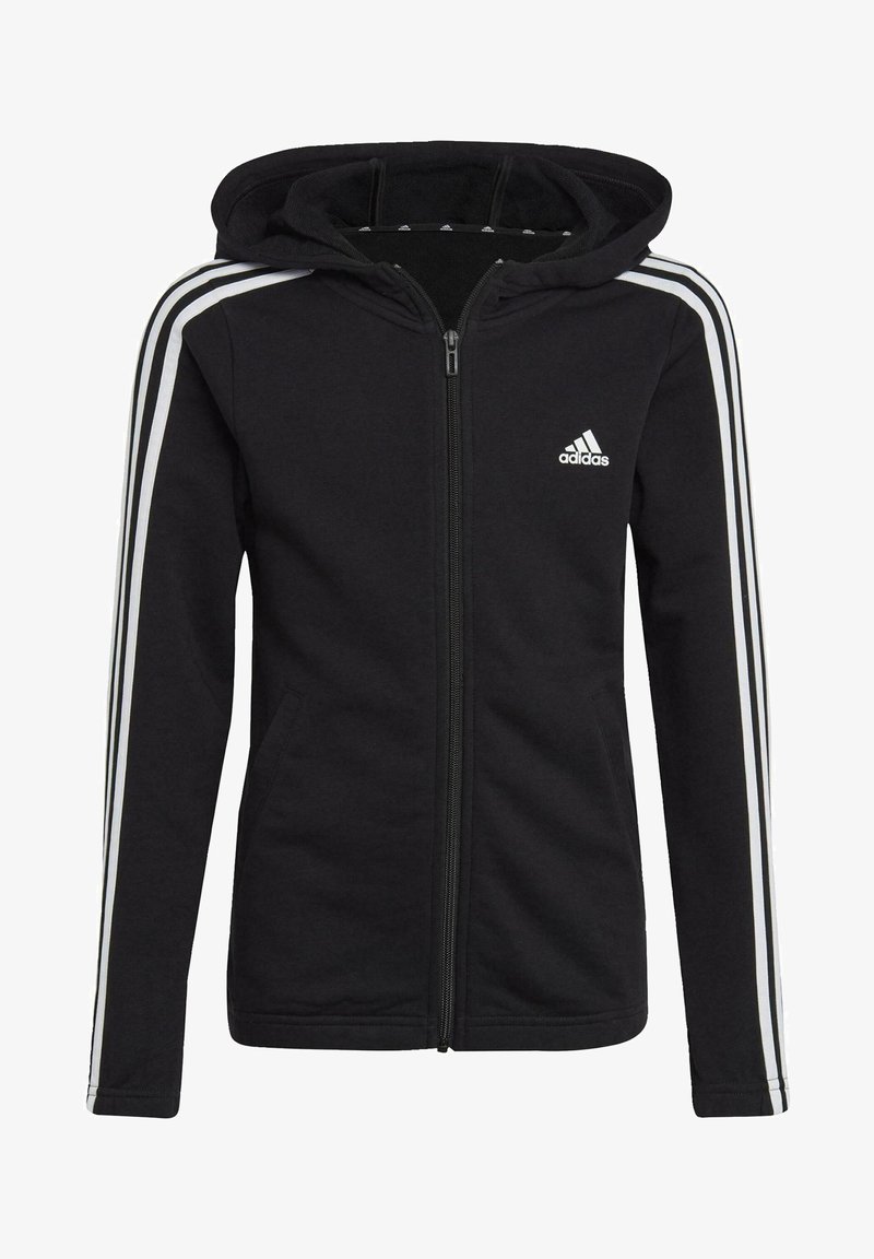 Černá zipová mikina vyrobená z jemného materiálu, s kapucí, se třemi bílými pruhy na rukávech a vyšitým logem na hrudi.