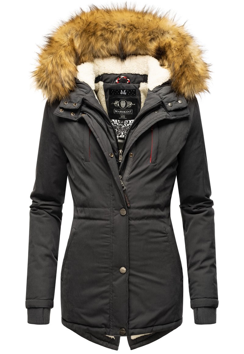 Black insulated parka with a faux fur trim hood, soft lining, zip closure, and button accents; features red stitching and multiple pockets.