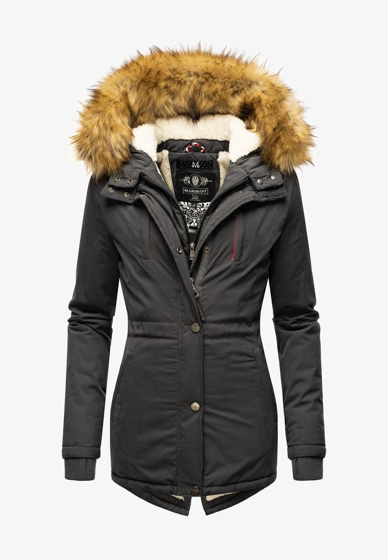 Black insulated parka with a faux fur trim hood, soft lining, zip closure, and button accents; features red stitching and multiple pockets.