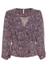 Blusa floreale con sfondo blu navy decorato da piccoli fiori rosa e bianchi, scollo a V, maniche lunghe, vita arricciata e tessuto trasparente.
