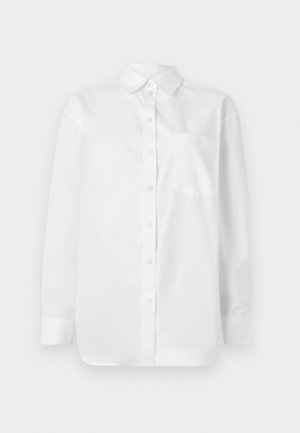 Long-sleeve white shirt with a button-up front and a single chest pocket against a plain white background.