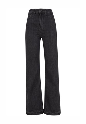 Højtaljede, vide sorte denimbukser med en glat tekstur og minimal syning, der har en frontknaplukning.