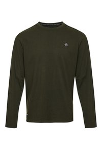 Camicia a maniche lunghe di colore verde oliva, realizzata in morbido tessuto di cotone. Presenta un collo rotondo e un piccolo logo ricamato sul petto.