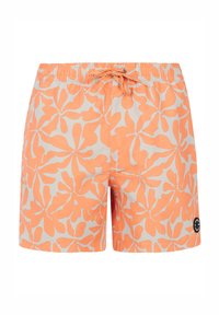 Zwemshorts met een lichtoranje en wit bladerenpatroon, elastische tailleband met een trekkoord, en een klein logopatch op de onderkant van het been.