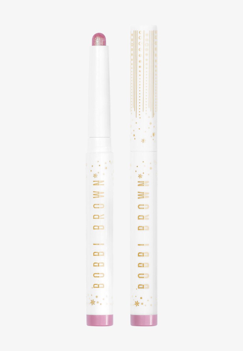 Lipstick in white tube with gold accents; glittery pink applicator; smooth surface; twist mechanism; decorative patterns on cap.