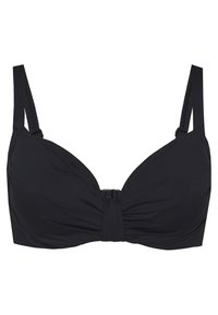 Črn bikini top s oblikovanimi skodelicami, zgrnjeno sprednje blago in središnjo zaponko. Nastavljive naramnice in gladka tekstura. Osnovna zasnova.