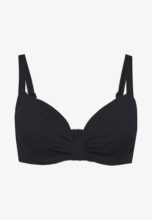 Top de bikini preto com copas moldadas, tecido franzido na parte da frente e um fecho central. Alças ajustáveis e textura suave. Design básico.