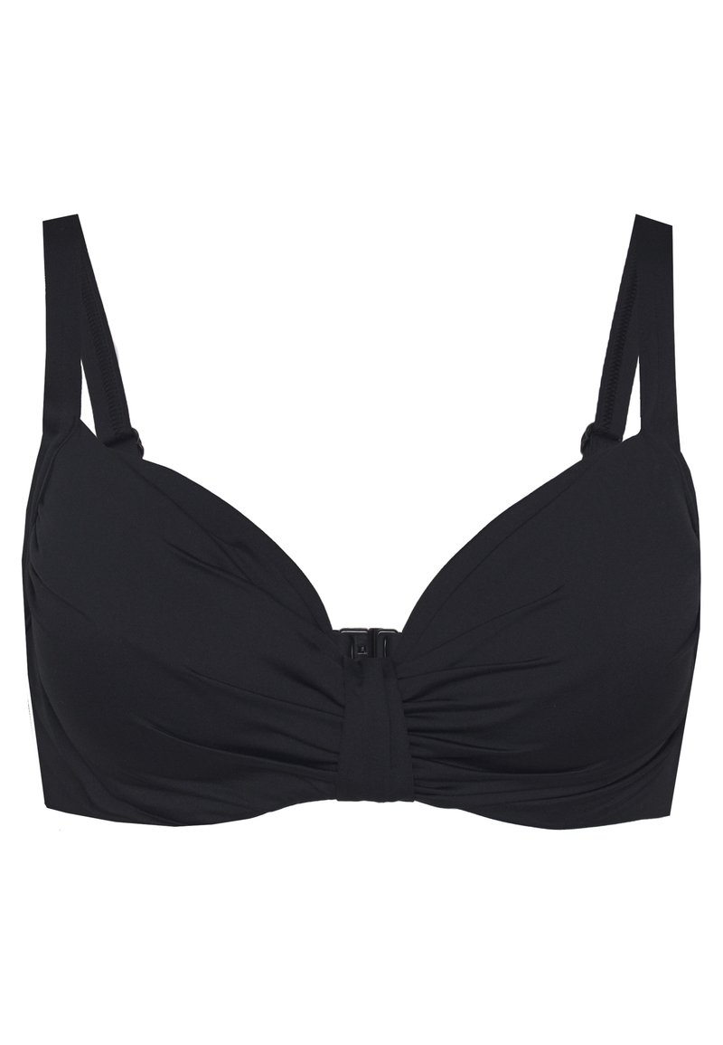 Črn bikini top s oblikovanimi skodelicami, zgrnjeno sprednje blago in središnjo zaponko. Nastavljive naramnice in gladka tekstura. Osnovna zasnova.