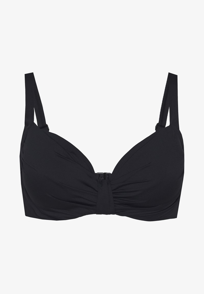 Melnas bikini augšdaļas ar veidotām krūšu kurvja daļām, savāktu audumu priekšpusē un centrālo aizdari. Regulējamas siksnas un gluda tekstūra. Pamata dizains.