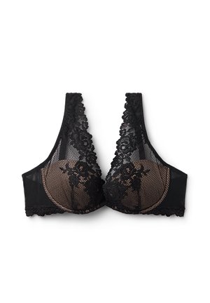 Schwarzer Spitzen-BH mit floralen Mustern, durchsichtigen Mesh-Panels und einem gewellten Saum. Das Design umfasst ein breites Band und strukturierte Cups.