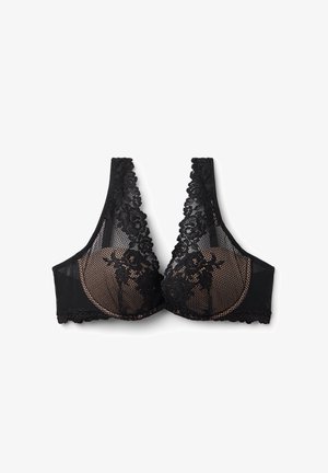 Svart spets-bh med blommönster, genomskinliga meshneder och scallop-edged avslut. Designen inkluderar en bred band och strukturerade kupor.