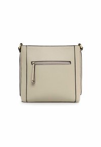 Borsa a tracolla in ecopelle beige con texture liscia, bordi neri e tasca frontale con zip. Forma rettangolare compatta con tracolla regolabile.