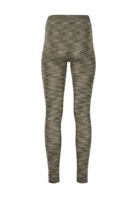 Leggings i olivengrøn med et tekstureret, meleret mønster. Høj talje-design, strækbart stof, tætsiddende silhuet og ankellang længde.